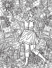 Fototapeta na wymiar New Year Woman with Sparkler Adults Coloring Page