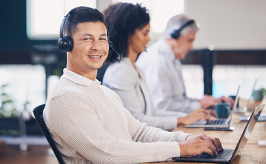 Portrait, laptop and call center with a man consultant working in a telemarketing office for support. Customer service, contact us and computer with a male employee consulting using a headset