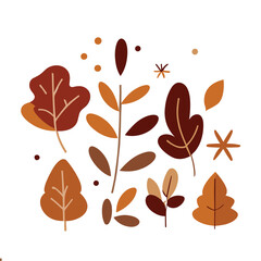 Hand-drawn vector autumn leaves set. Oak, maple, elm dry fallen leaf. Hand-drawn fall forest yellow or red foliage. Colored trendy illustration. Flat design. Stamp texture. All elements are isolated.