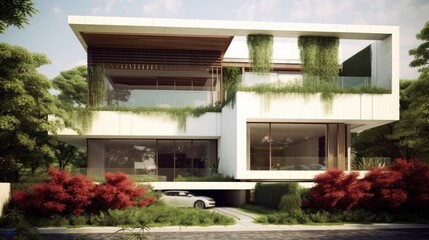 A building with a flat roof and perfectly landscaped green spaces. AI generated