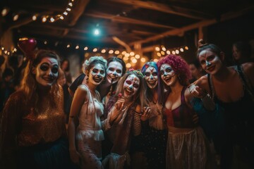 Obraz premium A group of friends in creative and spooky costumes, laughing and posing for a photo at a Halloween party, capturing the fun and excitement of the holiday. Generative AI