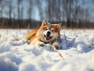 A Akita dog rolling in the snow