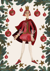 Obraz premium Watercolor postcard with decorated christmas tree and prince. Christmas card. Children's toy. A Christmas gift. Raster illustration for packaging, greeting cards, gifts