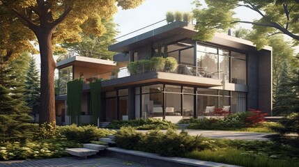 A residential building with a flat roof, a balcony, and landscaping. AI generated