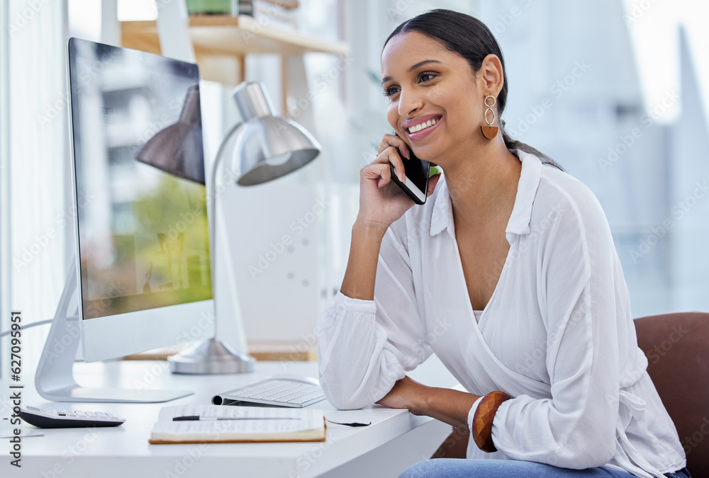 Poster business woman, company phone call and smile in a office with communication at a desk. content manag