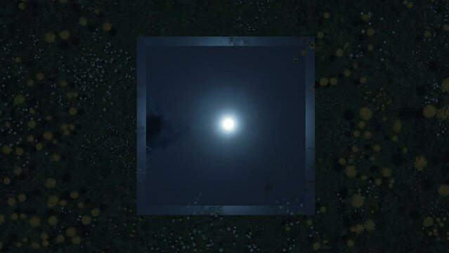 rectangular mirror reflecting moon and moving dark cloud. Surrounded by meadow flowers