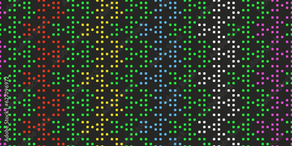 Poster Colored pixels on a black background. Bright pattern with small squares. Design for textile, fabric, clothing, curtain, rug, batik, ornament, background, wrapping.