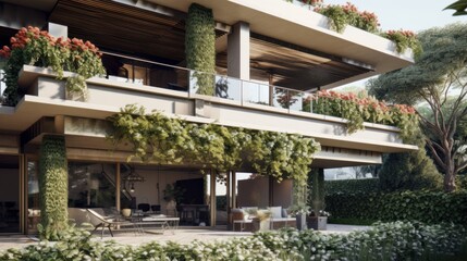 Fototapeta na wymiar A tranquil residential building with a flat roof and greenery. AI generated
