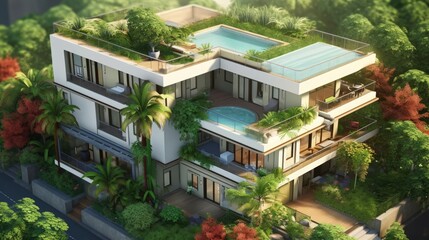 A serene residential building with a flat roof and landscaping. AI generated