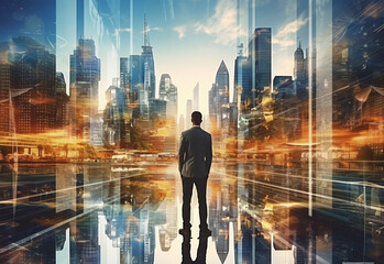 A Double Exposure of a Businessman in the Cityscape Embodies Success and Future Plans
