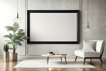 Black horizontal artwork frame mockup in white room with fresh tropical plants