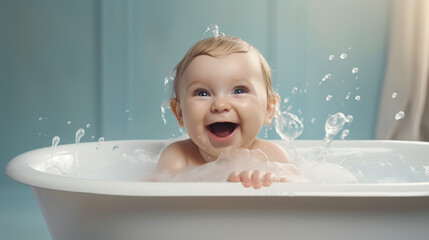 Bathtime Bliss. Adorable 6 Months Baby Enjoying a Bath in the Bathtub. AI Generative Illustration