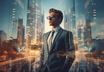 Fototapeta premium A Double Exposure of a Businessman in the Cityscape Embodies Success and Future Plans