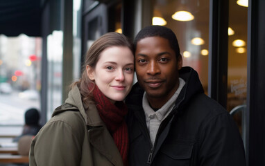 Young attractive interracial couple on a date standing together in urban street environment