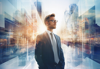 Fototapeta premium A Double Exposure of a Businessman in the Cityscape Embodies Success and Future Plans