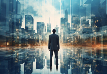 Fototapeta na wymiar A Double Exposure of a Businessman in the Cityscape Embodies Success and Future Plans