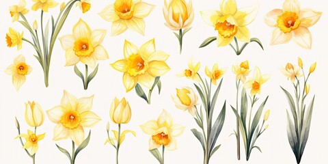 Daffodil Watercolor Dazzling Daffodils - Watercolor Illustration Set - Buds, Blooms, and Petals Dancing in Spring's Splendor.    Generative AI Digital Illustration