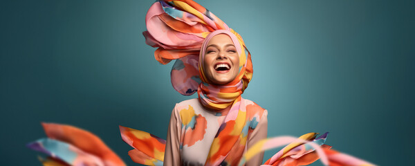 modern colorful stylish outfit photoshoot of a muslim hijab woman in dynamic shot happy and positive for modest trendy arab women fashion as wide banner with copysapce area - Generative AI