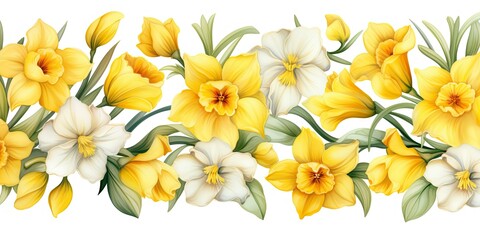 Daffodil Watercolor    Garden Harmony - Daffodils, Jonquil, and Narcissus Flowers in a Spring Garden. Hand-Drawn Watercolor Illustration on White Background. Generative AI Digital Illustration