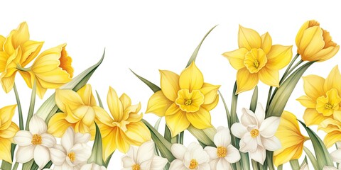 Fototapeta na wymiar Daffodil Watercolor Floral Elegance - Watercolor Seamless Pattern, Border, and Frame with Yellow Narcissus Flowers. Generative AI Digital Illustration