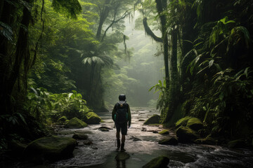 Fototapeta premium Trekking the Amazonia. Adventurous Hike through the Lush Rainforests of Exotic Amazonia Forest. AI Generative