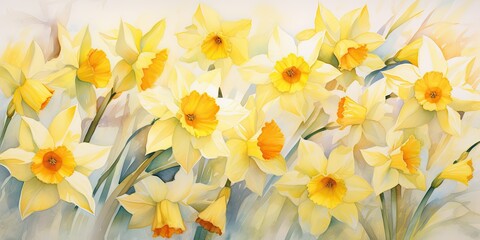 Daffodil Watercolor Springtime Symphony - Daffodil Watercolors - Celebrate the Season's Beauty on Canvas. A splash of joy in art.    Generative AI Digital Illustration