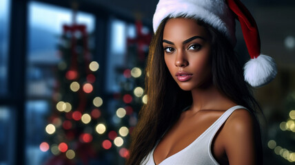 young adult woman wearing santa claus hat, white singlet or tank top, attractive, tanned skin, christmas decorations and christmas trees, home, window