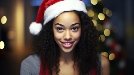 young adult woman wearing a santa claus costume, santa claus hat, tanned skin tone, dark hair color, multi-ethnic, attractive, decorated for christmas on christmas 