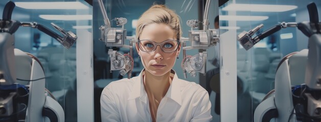 doctor at a optical clinic with futuristic ophthalmoscope equipment performing eye test and vision cure research as wide banner with copy space area - Generative Ai