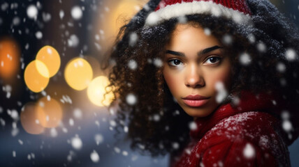 young adult woman wearing a santa claus hat, tanned skin tone, dark hair color, multi-ethnic, attractive, decorated for christmas on christmas day, christmas tree bokeh