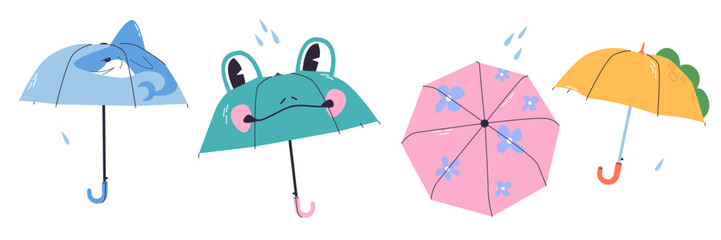 set of cute baby umbrellas.  umbrella with shark, frog, toad, flower, dinosaur. Vector illustration of cartoon umbrellas isolated objects. For girls, boys, children. Cute set funny stylish umbrellas © MATKOVA