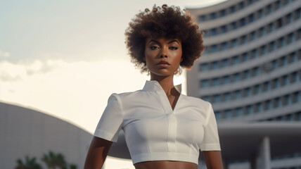 young adult woman, in front of an office complex, gray sky, white crop shirt, multi-ethnic, proud and thoughtful, looking down