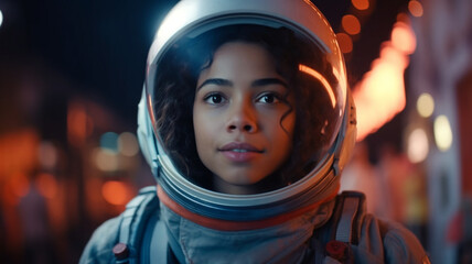 Young adult woman, multi ethnic, 20s 30s, female astronaut wearing astronaut suit with helmet and glass visor, abstract fictional futuristic, space and space travel, positive discovery or happy