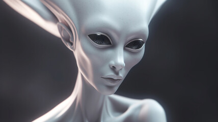 an extraterrestrial being with black eyes and white skin and a large broad head, human-like, pointy ears, extraterrestrial intelligence, scary, science fiction and future