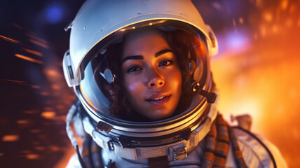 Young adult woman, multi ethnic, 20s 30s, female astronaut wearing astronaut suit with helmet and glass visor, abstract fictional futuristic, space and space travel, positive discovery or happy