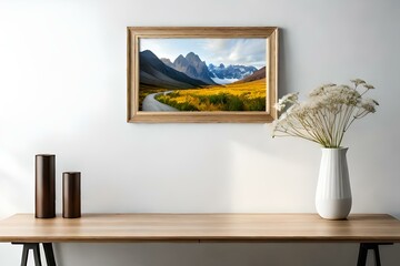 Landscape wooden frame mockup with copy space for artwork, photo or print presentation. White wall and vase with dry gypsophila flower decoration