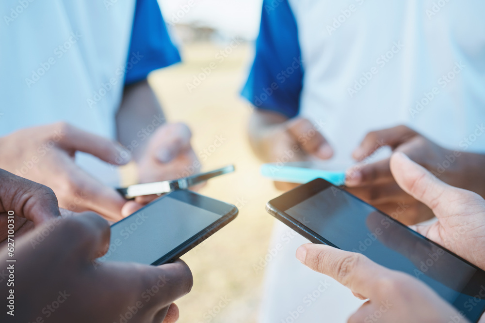 Poster hands, phone and networking with sports people in a huddle for communication or connectivity. mobile
