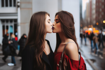The power of a kiss, sexy beautiful lesbian couple lips closeup kissing seductive woman, erotic, glamour, sensual, lgbt, kiss concept AI Generative	 - obrazy, fototapety, plakaty