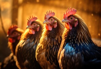 Fototapeta premium chickens walking around the farm yard. Generative AI