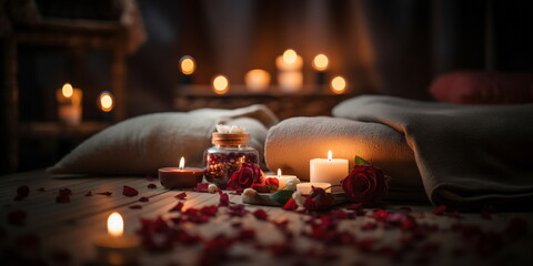 aromatherapy ,spa massage salon,romantic spa cozy atmosfear candle blurred light pink flowers relaxing ,salon background - 627101902