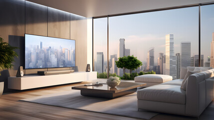 Empty Modern living room with big tv screen. Generative AI.