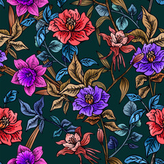 Hand drawn elegant colorful seamless pattern with botanical floral design illustration
