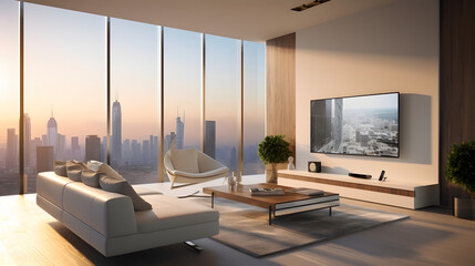 Empty Modern living room with big tv screen. Generative AI.