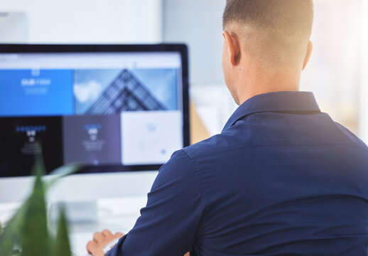 About us, computer screen and businessman typing a SEO proposal on a pc or desktop for business growth. Company, monitor and man corporate worker working and planning a strategy for a startup