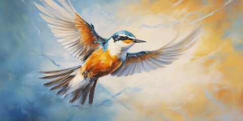 An Oil Painting of Free Skylark - Majestic Freedom - An oil painting depicting the skylark soaring in the open skies,    Generative AI Digital Illustration
