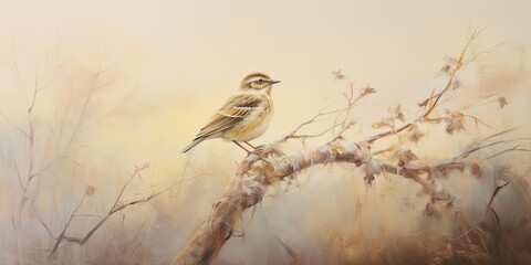  An Oil Painting of Skylark's Serenity - Tranquil Melodies - An oil painting capturing the skylark perched on a branch, emanating tranquil melodies across the count  Generative AI Digital Illustration