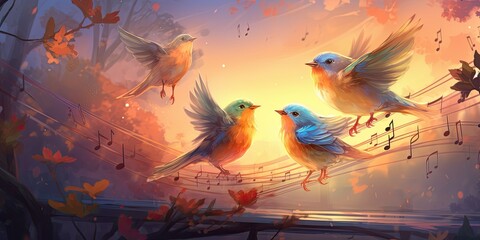 An Illustration of Skylark's Symphony - Magical Ensemble - An artful illustration portraying the skylark amid a magical ensemble of other birds, each contributing    Generative AI Digital Illustration