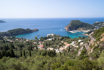 Stunning view to Palaiokastritsa bay down from the mountain, Corfu, Greece