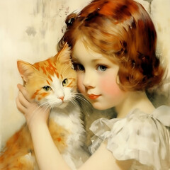 Early 1900's Watercolor of Young Girl with Cat 