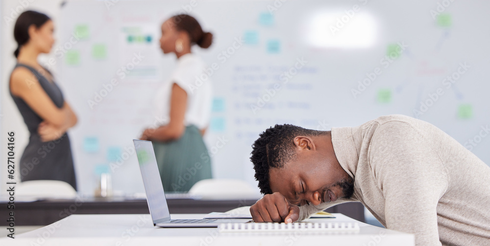 Aufkleber office, black man at desk sleeping with laptop and burnout, overworked on business project with stre